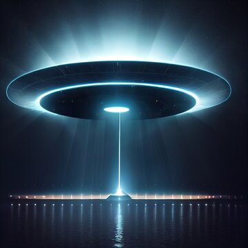 UFO beaming laser light on surface. Abstract background.