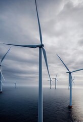Wind turbines offshore over water and cloudy sky