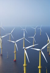 Wind turbines over calm sea. 3d illustration.
