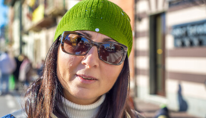 Happy woman attending Carnival Parade in Viareggio