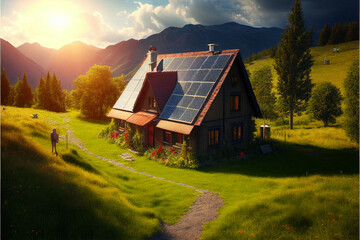 House with solar panels on the roof in a picturesque location. AI generated