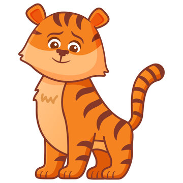 Cute tiger cartoon.Character funny animal. Muzzle emotions smiling.Vector flat illustration.Isolated on white background.