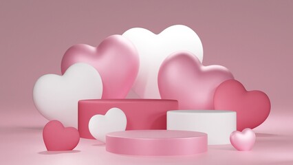 Pink podium with background for product presentation, copy space. 3d rendering. Valentine concept.