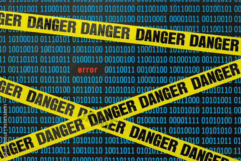 Aufkleber binary code with word error on computer screen, danger tape on the foreground. concept of data, digi