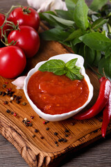 Traditional classic homemade tomato sauce with spices and herbs. Fragrant dressing for various dishes. Taste and simplicity.