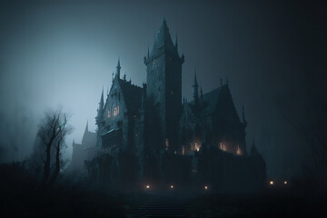 Vampire castle, night, fog, dark fantasy, haunted castle, landscape, art illustration