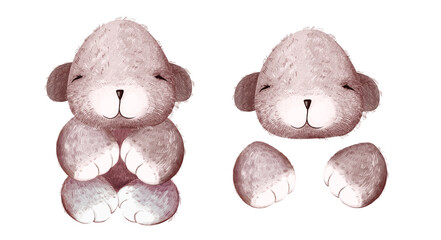 4 isolated images. Cute plush fluffy baby bear or teddy bear in full growth of brown color, head and paws separately.Cartoon child character.Digital illustration in the watercolor style.Greeting card.