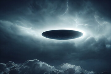 Fototapeta na wymiar A black UFO flies in the gloomy sky in the middle of lightning with Generative AI