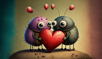 love bug characters holding a heart, valentines day greeting card - generative ai