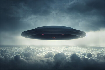 Naklejka na ściany i meble A huge black UFO floats above the thick clouds with Generative AI