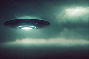 Naklejka na ściany i meble A huge UFO flying above the clouds, among the lightning in the sky with Generative AI