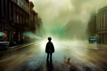 Boy Alone in Post Apocalyptic City with Fog and Smoke