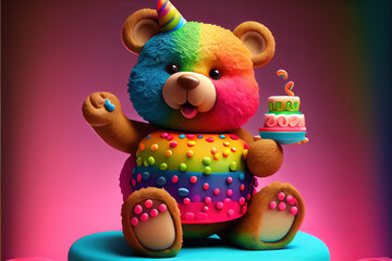 Delightful teddy bear at a birthday party, gleefully holding a lollipop and showcasing a vivid rainbow cake. Ideal for vibrant birthday celebrations! generative  ai