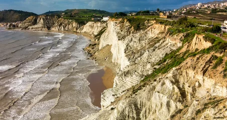 Papier Peint photo Scala dei Turchi, Sicile Aerial drone viewpoint on Stair of the Turks. Scala dei Turchi is a rocky cliff on the southern coast of Sicily, Italy