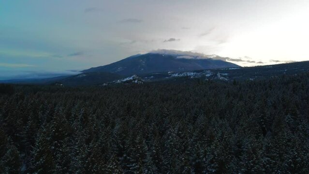 Drone's Eye View: Backward Flight Over a snow covered Forest and Mountain Landscape in a Warmly Lit Sky in British Columbia ,Canada