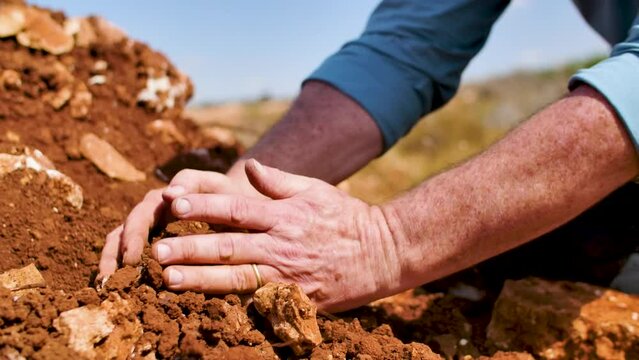 A male worker at a vineyard, kneeled down to check the quality of the soil by sampling it with his own bare hands. Handheld slow motion closeup shot.
