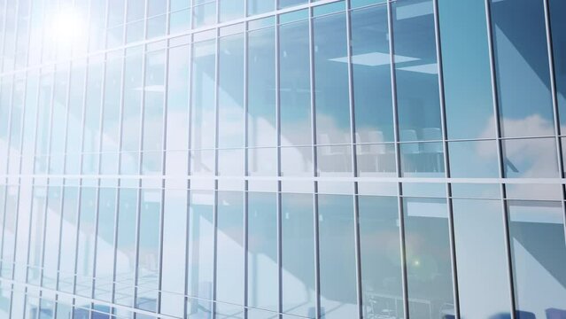 Camera moves up along corporate building. Modern skyscraper. Reflections on windows. Office building glass facade. Realistic 3D Render. Cityscape, architecture. Seamless loop concept animation in 4K