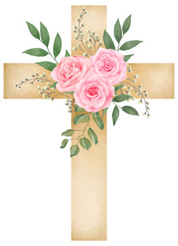 recommend clip art: Easter Cross flower and leaf,Pink Rose Flower,Green Leaves,Eucalyptus Leaf.Happy Easter,Jesus cross.Watercolor illustration clipart on white background for Easter day invitation card.