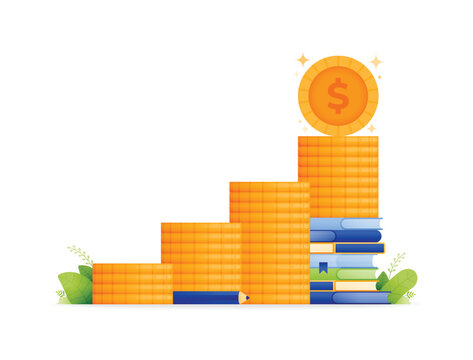 design illustration of merit education scholarship funding program. coins stacked in row chart with pile of books at the top. can be used for web, website, posters, apps, brochures