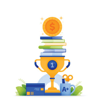 illustration of educational scholarship program. trophy with pile of books and dollar coins and school supplies. can be used for web, website, posters, apps, brochures