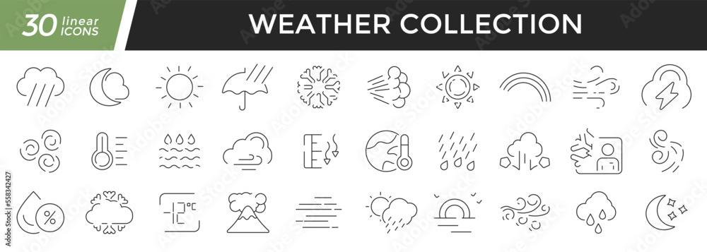 Poster weather linear icons set. collection of 30 icons in black