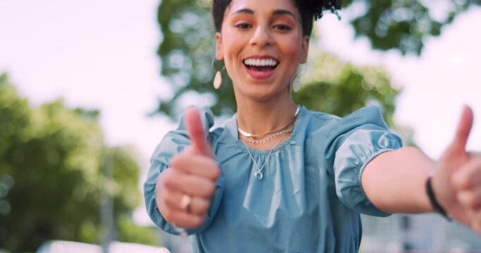 Face, black woman and thumbs up in nature, achievement and good news. African American female, girl and hands in positive action, winner and success with goal, deal and happiness for growth and smile
