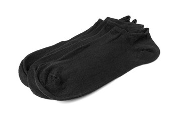 New Black Cotton Sock Isolated. Folded Sportswear, Classic Unisex Cotton Socks on White Background