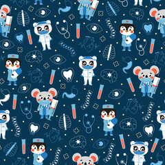 Medical pattern with animal doctor on dark background for kids in cartoon style for print or fabric