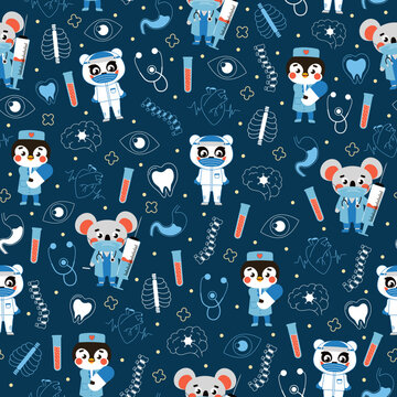 Medical Pattern With Animal Doctor On Dark Background For Kids In Cartoon Style For Print Or Fabric