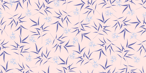 Seamless pattern of bamboo branches in lilac and blue tones on a pale pink background