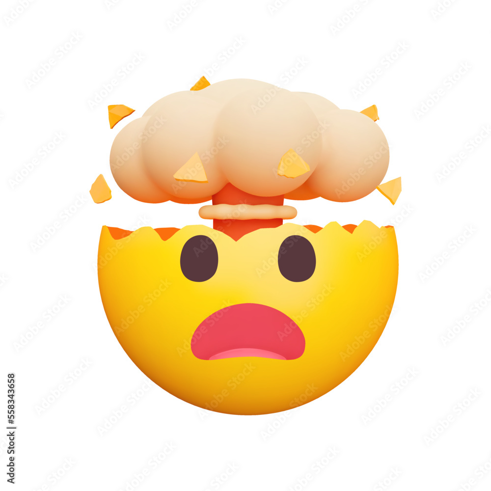 Poster face with exploding head 3d icon. yellow emoji with open and mouth mushroom cloud. mind blown. shock