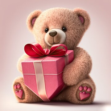 Naklejka Teddy bear with a gift box. Isolated. Valentine or birthday card. Generative ai.
