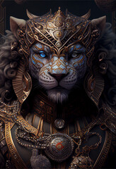 Fototapeta na wymiar Portrait of anthropomorphic gorgeous Tiger wearing mercury armor with epic Paisley Patterned Filigree design