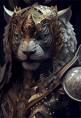 Portrait of anthropomorphic gorgeous Tiger wearing mercury armor with epic Paisley Patterned Filigree design. Perfect for phone wallpaper