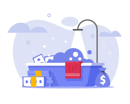 Money Laundry Or Cash Washing Launder Icon In Bath Flat Cartoon Illustration, Illegal Dirty Funds Cleaning Service, Criminal Finance Cleanses, Currency Washer Graphic Design Modern Clipart Image