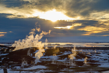 First snow in Myvatn Geothermal Area in North-East Iceland