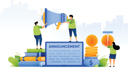 design illustration of tuition reduction announcement with merit educational scholarship program. students holding megaphones and broken coins. can be used for web, website, posters, apps, brochures