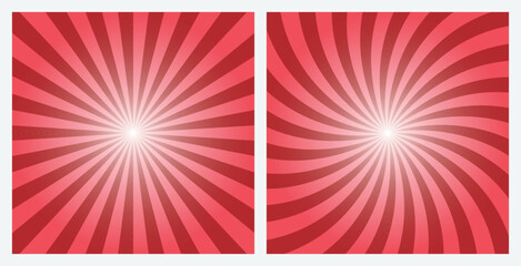 Red sunburst pattern background set. Fire Brick Red radial and swirl retro style background  in pop art style.