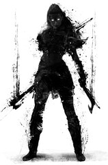 A cruel and terrifying Scandinavian Viking girl stands in a defiant pose with two axes in her hand, she has a muscular body and demonic glowing eyes, 2d blob silhouette art - 558344834