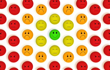 Obraz premium Set of emoji emoticons with sad, happy, angry and disheartened mood, customer service rating, satisfaction survey, customer experience, excellent services rating concept. 3D rendering