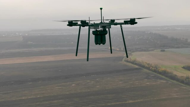A military drone that lifts shells. Drones used in war