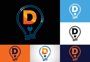 Initial alphabet D with an electric bulb. Electric bulb logo vector template. Electricity logo