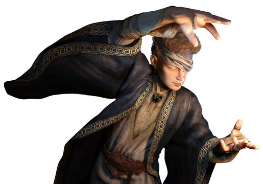 A young wizard with an eye patch and curly hair, dressed in a blue robe, concentrates energy with his hands in a dynamic pose. 2d art