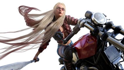 Fototapeta na wymiar A beautiful girl on a red motorcycle with very long blonde hair in an extreme pose rides with a baseball bat in her hands, she has a lean body, a leather jacket and denim shorts. 2d art