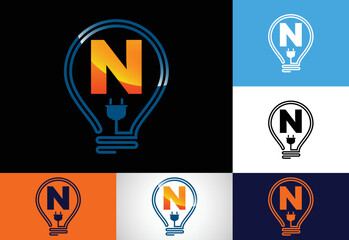 Initial alphabet N with an electric bulb. Electric bulb logo vector template. Electricity logo