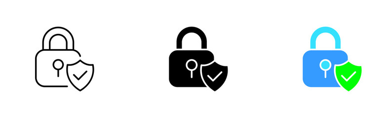 Shield and lock with tick line icon. Success, security, protection, protection, vindication, password, twofactor authentication. Vector icon in line, black and colorful style on white background