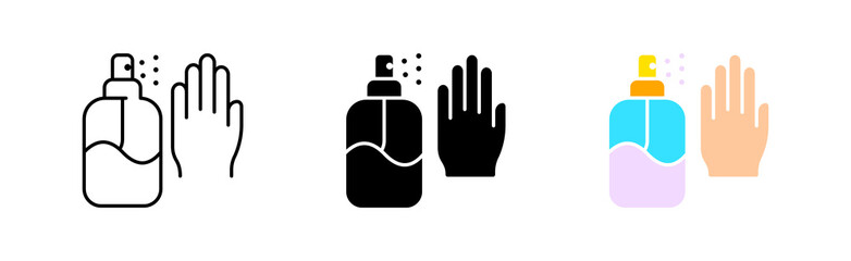 Hand hygiene set icon. Antibacterial soap, antiseptic spray, drop, water, splash, quality mark, cleanser, detergent. Personal care concept. Vector icon in line, black and colorful style