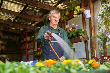 Älterer Mann als Gärtner bewässert Pflanzen Sortiment