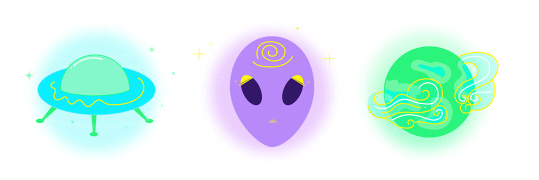 Extra terrestrial UFO icon image illustration picto white background spaceship, OVNI and galaxy planet alien collections