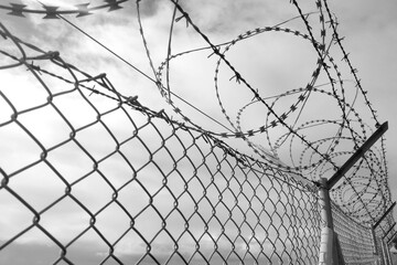 Black and white photo. Barbed wire fence on the border. Ogredenie. Restriction of freedom.